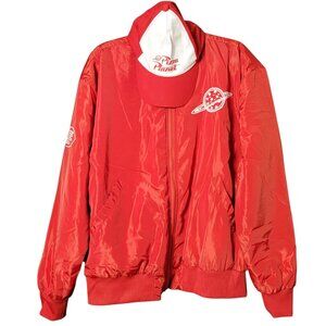 Toy Story Red Pizza Planet Satin Bomber Windbreaker Jacket Adult Medium & Cap L